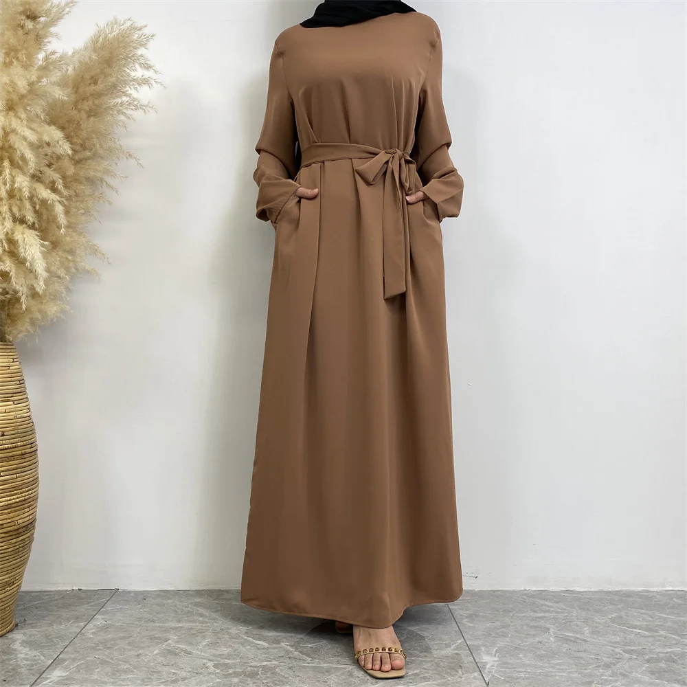 Muslim Abaya Fashion New Hot Dress Turkey Arabia Dubai Solid Color Robe with Pockets Women's Long Dress