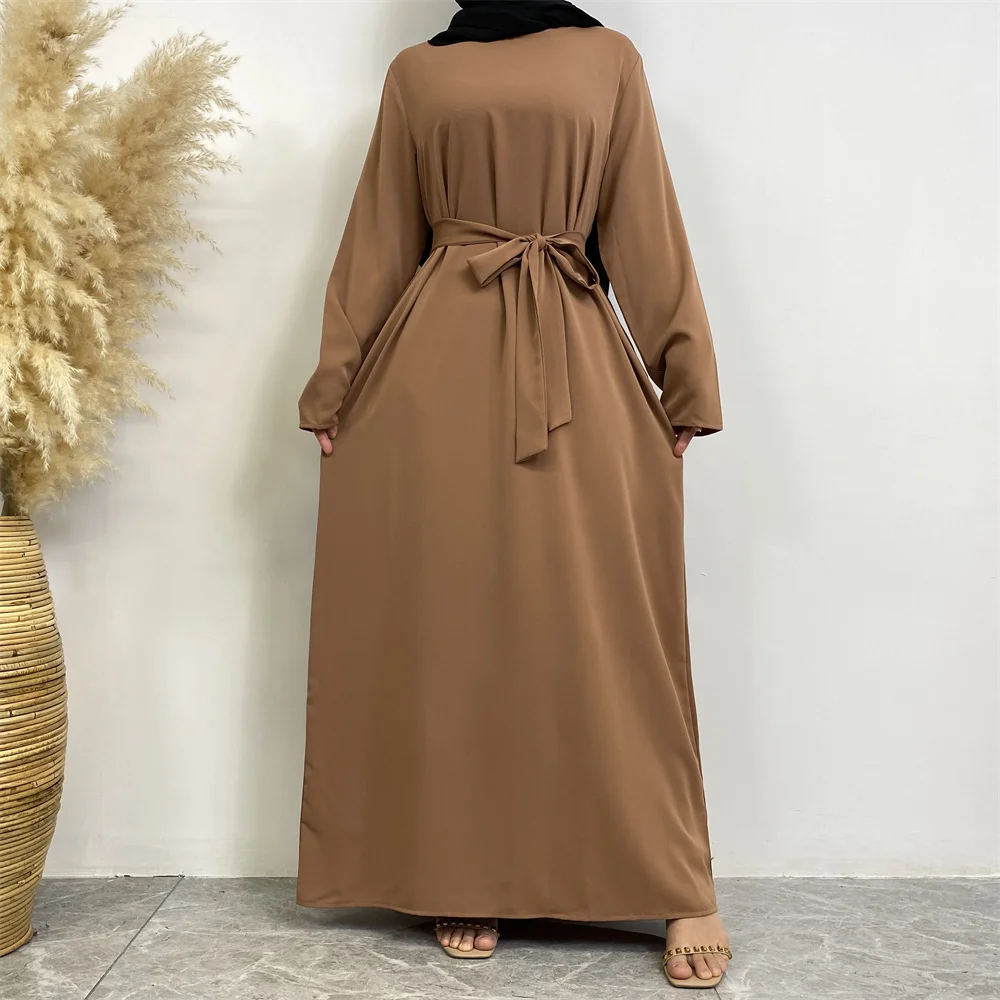 Muslim Abaya Fashion New Hot Dress Turkey Arabia Dubai Solid Color Robe with Pockets Women's Long Dress