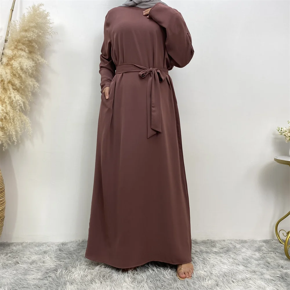 Muslim Abaya Fashion New Hot Dress Turkey Arabia Dubai Solid Color Robe with Pockets Women's Long Dress