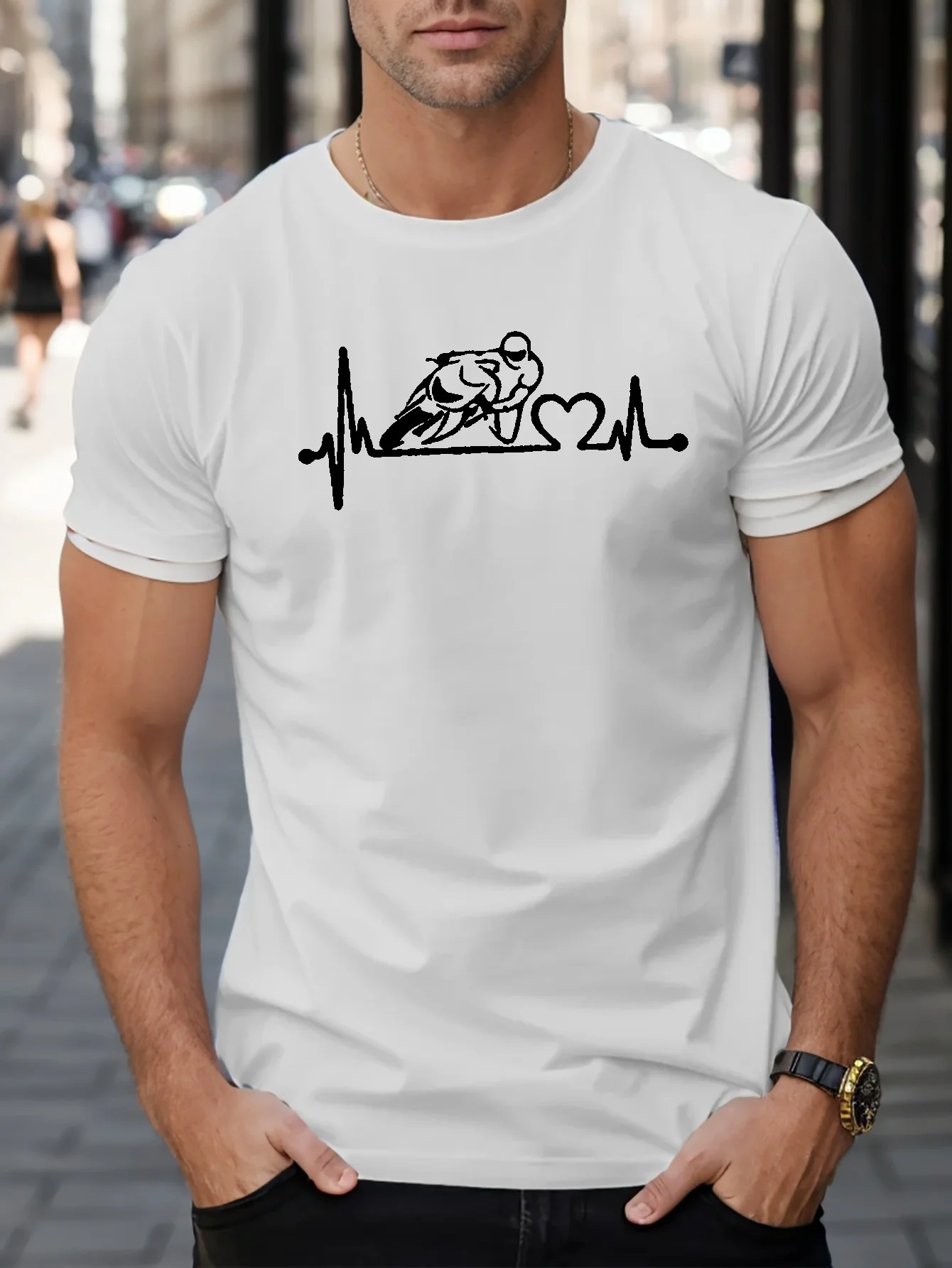 Motorcycle Rider Graphic Print Men's Creative Top, Casual Short Sleeve Crew Neck T-shirt, Men's Clothing For Summer Outdoor