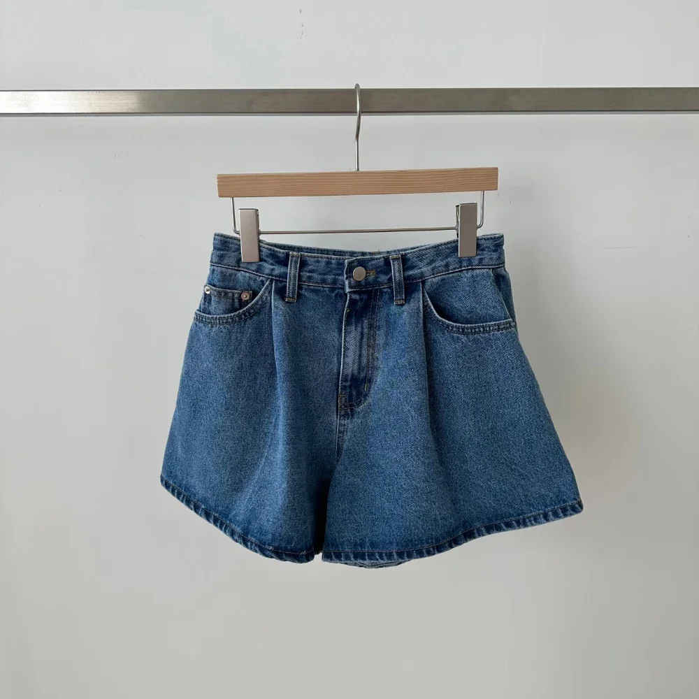 REALEFT 2024 New High Waist Washed Women's Denim Wide Leg Shorts Summer Buttons Casual Female Blue Jeans Trouses Pockets
