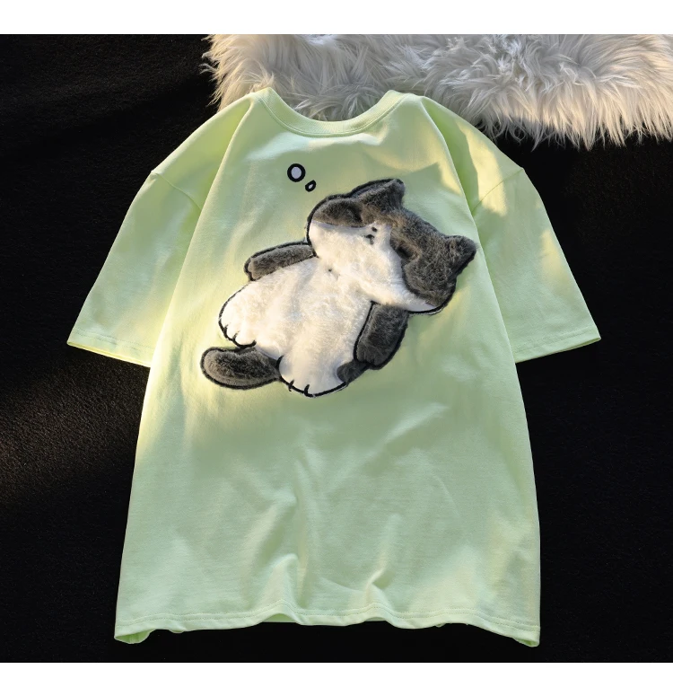 2024 Summer New Cartoon Cat Women's T-shirt Korean Simple Casual Women's Short Sleeve T-shirt Fun Sweet Cute Y2K Tops