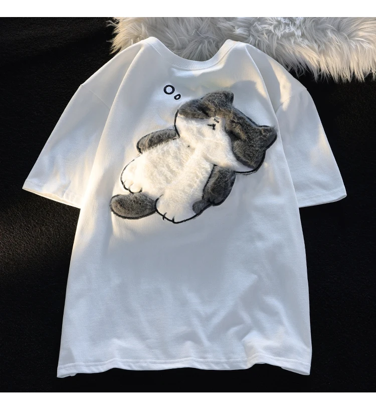 2024 Summer New Cartoon Cat Women's T-shirt Korean Simple Casual Women's Short Sleeve T-shirt Fun Sweet Cute Y2K Tops