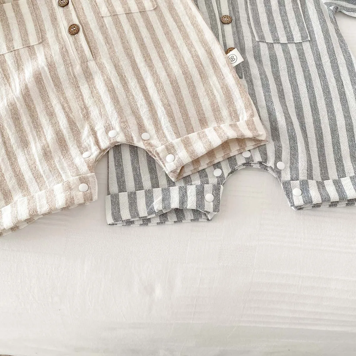 Baby Boys Rompers Striped Jumpsuits Turn Down Collar Toddler Boys Summer Clothing