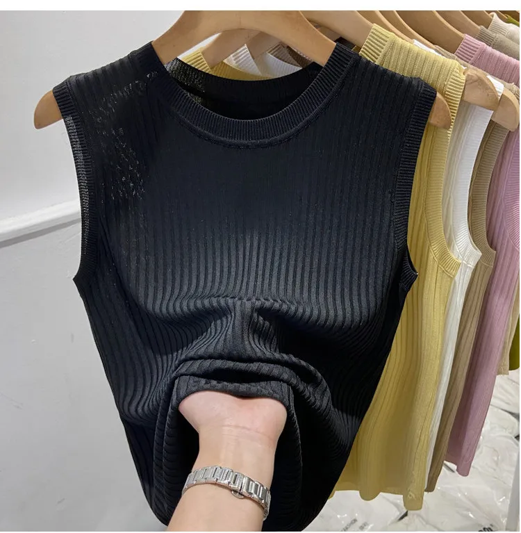 Korea Knitted Vests Women Top V-neck Solid Tank Blusas Mujer De Moda 2026 Summer New Fashion Female Sleeveless Casual Thin Tops