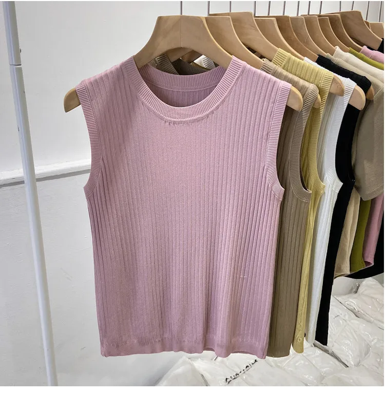 Korea Knitted Vests Women Top V-neck Solid Tank Blusas Mujer De Moda 2026 Summer New Fashion Female Sleeveless Casual Thin Tops
