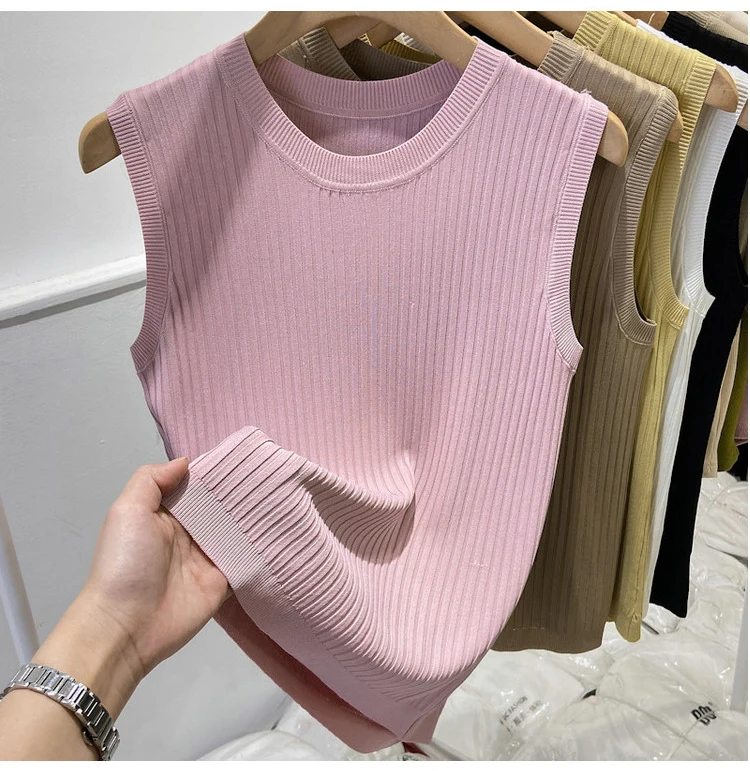 Korea Knitted Vests Women Top V-neck Solid Tank Blusas Mujer De Moda 2026 Summer New Fashion Female Sleeveless Casual Thin Tops