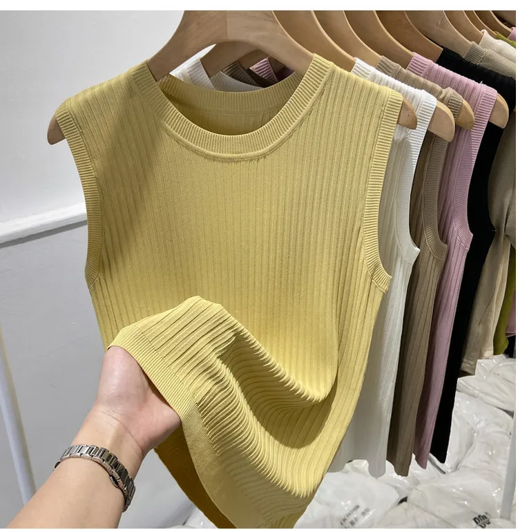 Korea Knitted Vests Women Top V-neck Solid Tank Blusas Mujer De Moda 2026 Summer New Fashion Female Sleeveless Casual Thin Tops