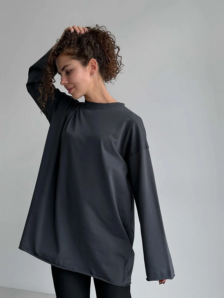 Wolfeel Women Summer 100% Cotton T-shirt Bottoming Spring Basic Fashionable Solid Lady Long Sleeve Loose Tops Shirts