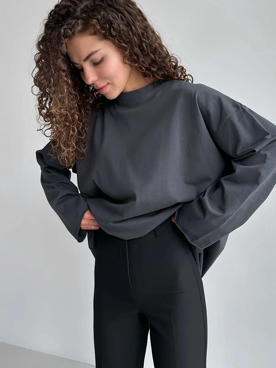 Wolfeel Women Summer 100% Cotton T-shirt Bottoming Spring Basic Fashionable Solid Lady Long Sleeve Loose Tops Shirts