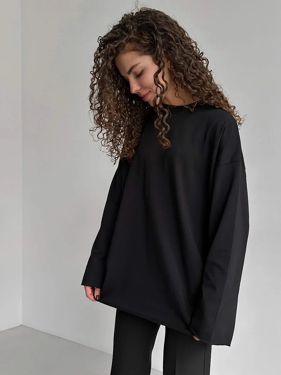 Wolfeel Women Summer 100% Cotton T-shirt Bottoming Spring Basic Fashionable Solid Lady Long Sleeve Loose Tops Shirts