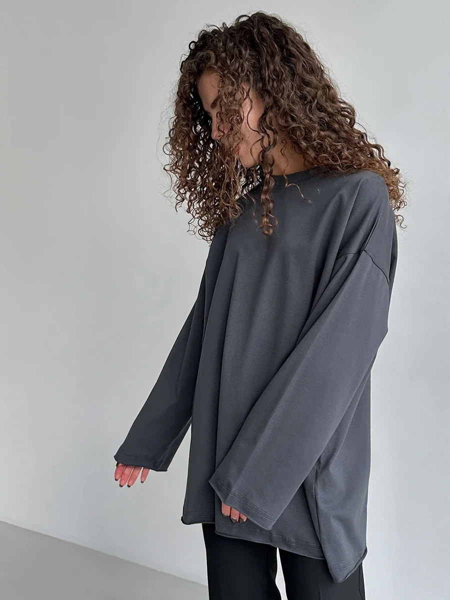 Wolfeel Women Summer 100% Cotton T-shirt Bottoming Spring Basic Fashionable Solid Lady Long Sleeve Loose Tops Shirts