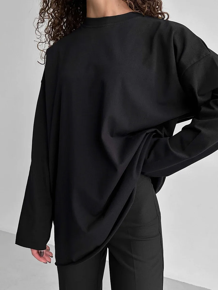 Wolfeel Women Summer 100% Cotton T-shirt Bottoming Spring Basic Fashionable Solid Lady Long Sleeve Loose Tops Shirts