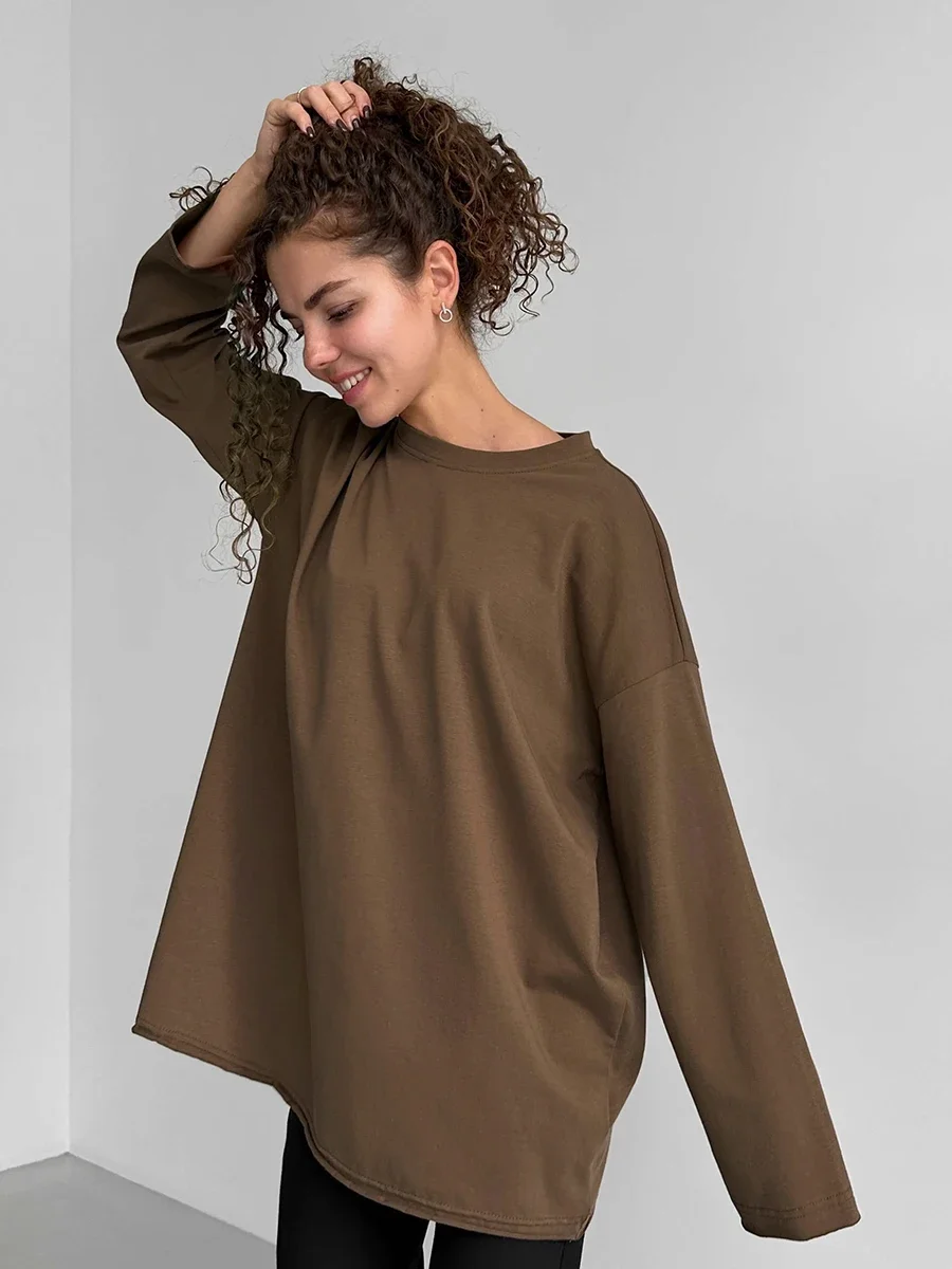 Wolfeel Women Summer 100% Cotton T-shirt Bottoming Spring Basic Fashionable Solid Lady Long Sleeve Loose Tops Shirts