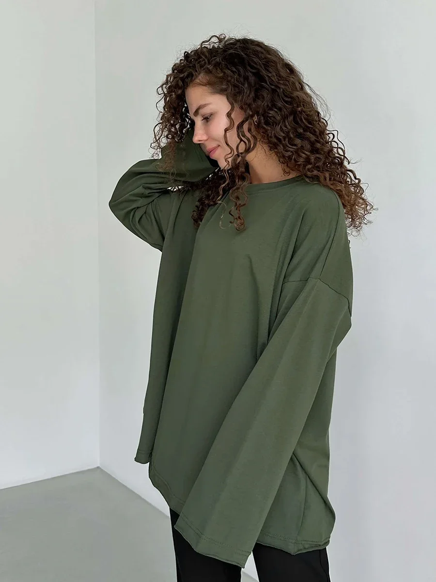Wolfeel Women Summer 100% Cotton T-shirt Bottoming Spring Basic Fashionable Solid Lady Long Sleeve Loose Tops Shirts