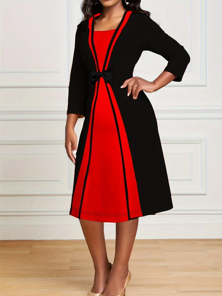 Elegant Square-Neck Bodycon Dress with Chic Patchwork & Bow - Durable, All-Season Wear for the Modern Woman