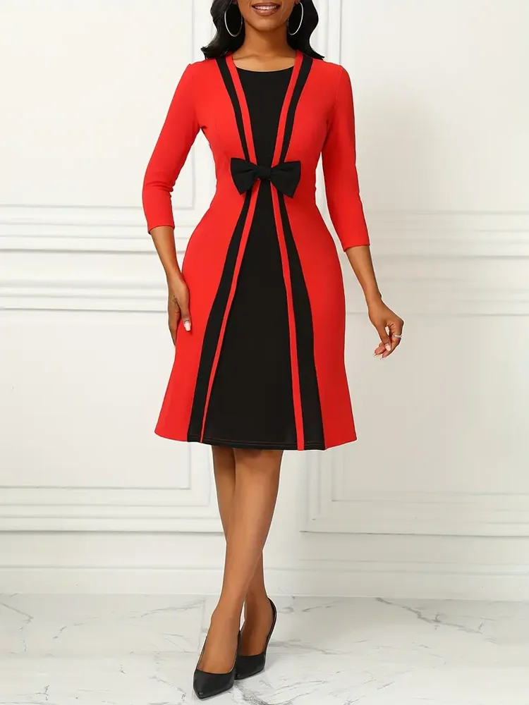 Elegant Square-Neck Bodycon Dress with Chic Patchwork & Bow - Durable, All-Season Wear for the Modern Woman