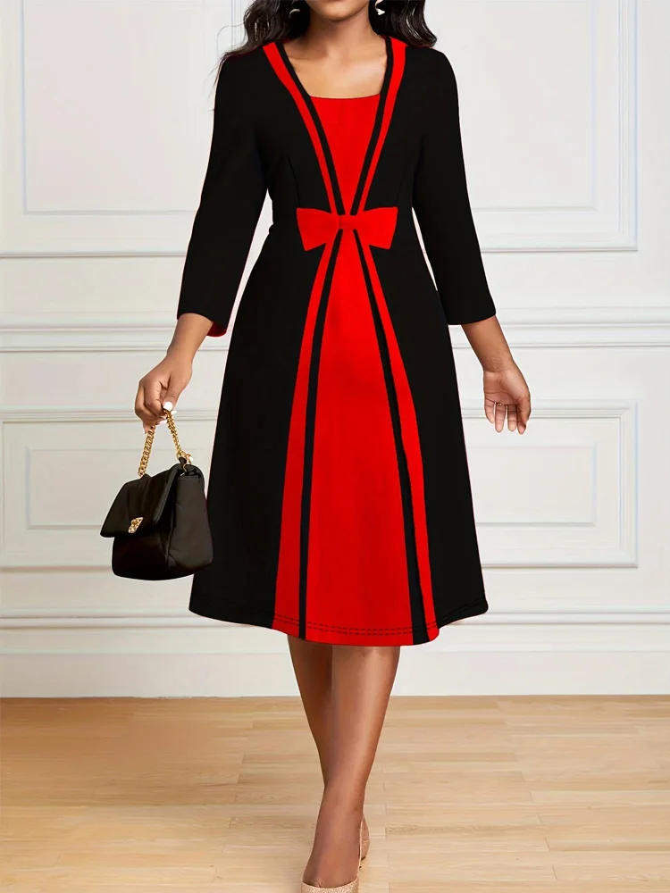 Elegant Square-Neck Bodycon Dress with Chic Patchwork & Bow - Durable, All-Season Wear for the Modern Woman