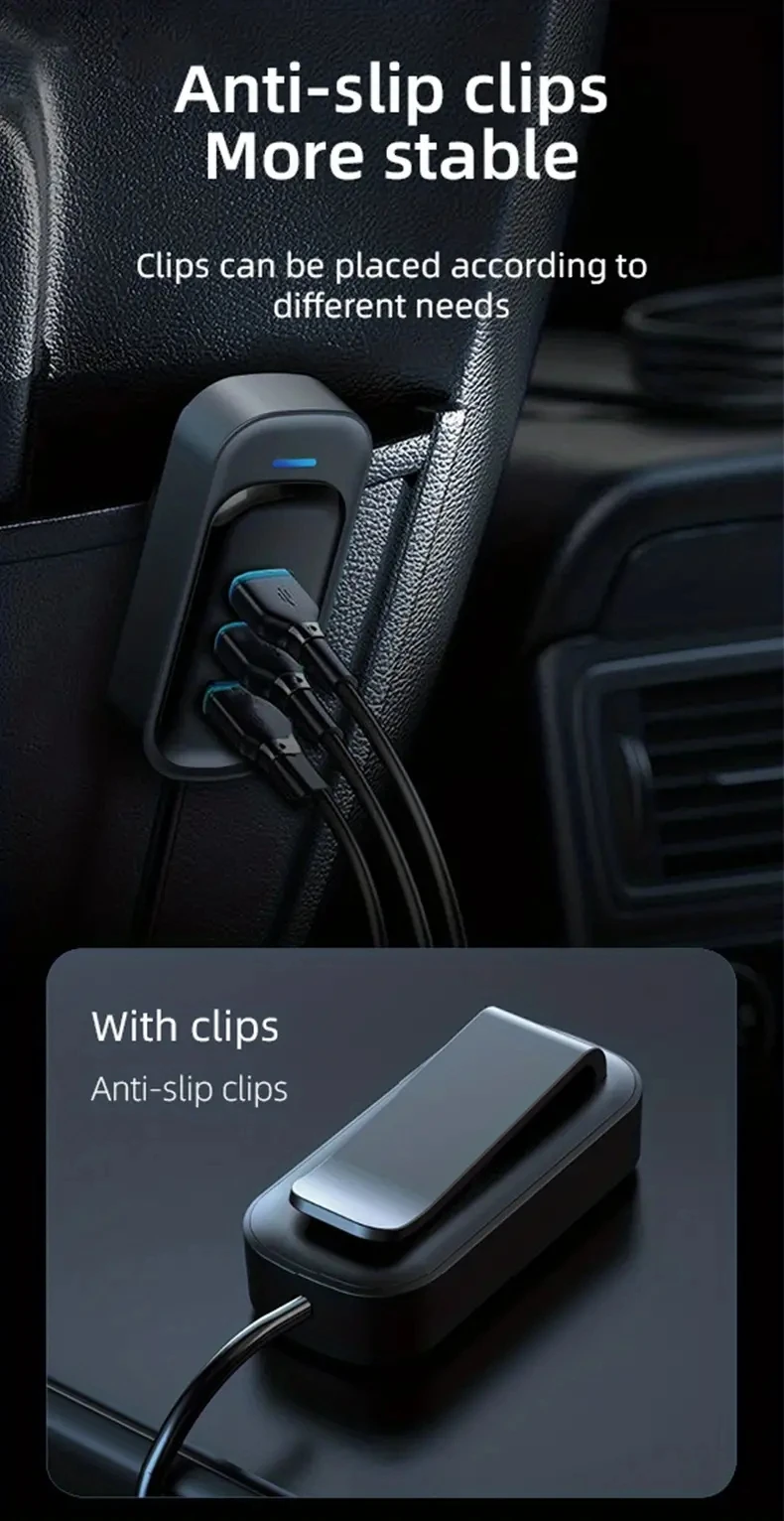 81W Fast Car Charger 6-Port Expansion Simultaneous Front and Rear Charging Type-C 2-USB 1.5m Extension Cable Anti-Slip Clamp
