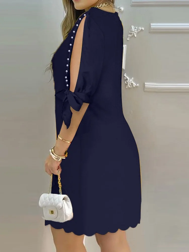 Women Summer Style Dress Lady Casual Beading Short Sleeve Off Shoulder O-Neck Loose Dress Vestidos DF4995