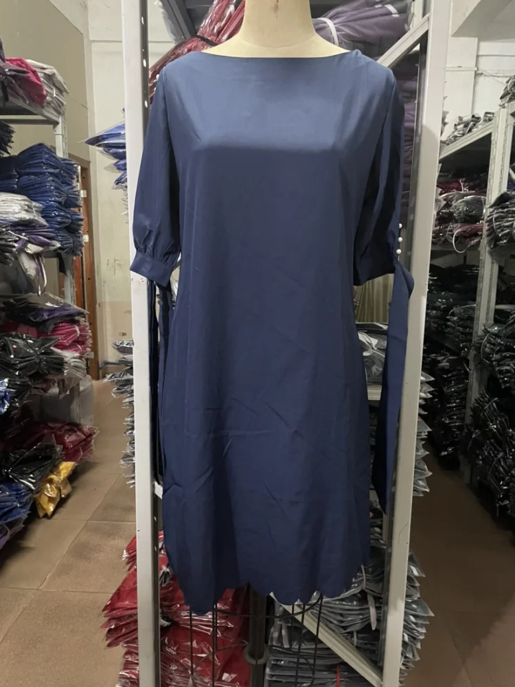 Women Summer Style Dress Lady Casual Beading Short Sleeve Off Shoulder O-Neck Loose Dress Vestidos DF4995