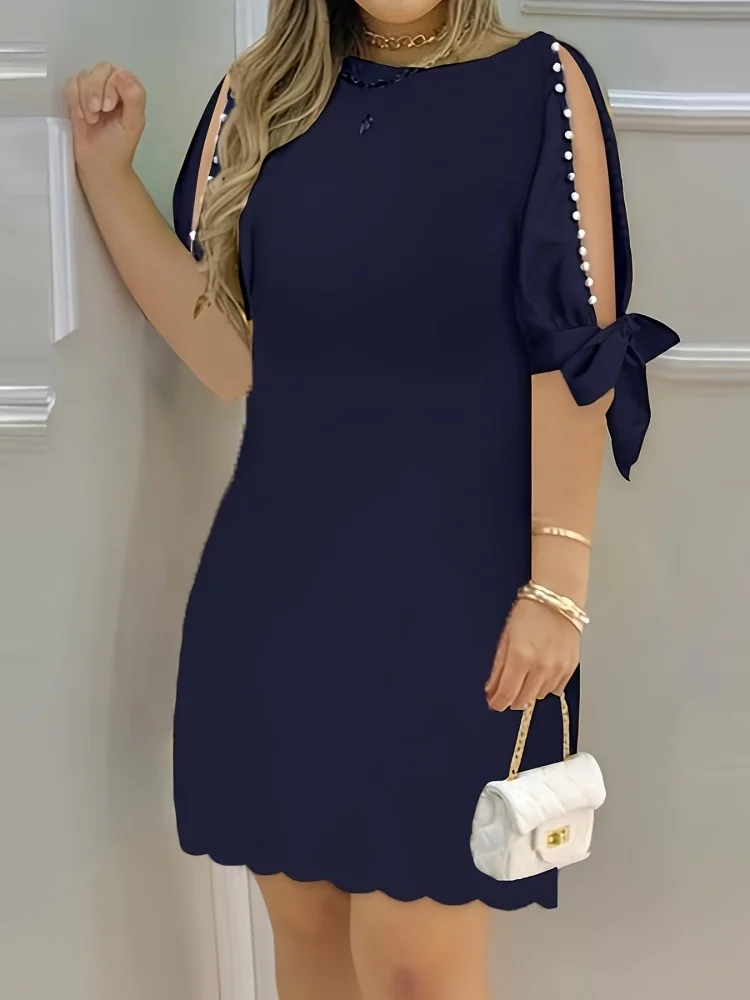 Women Summer Style Dress Lady Casual Beading Short Sleeve Off Shoulder O-Neck Loose Dress Vestidos DF4995