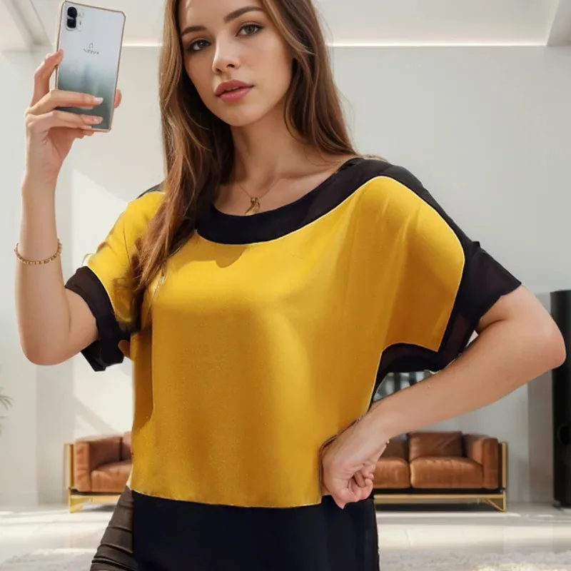 Summer Casual Satin Blouse Women Fashion Loose Office-Lady Shirts Elegant Solid Short O-Neck Batwing Sleeve Blouses Blusas 3397