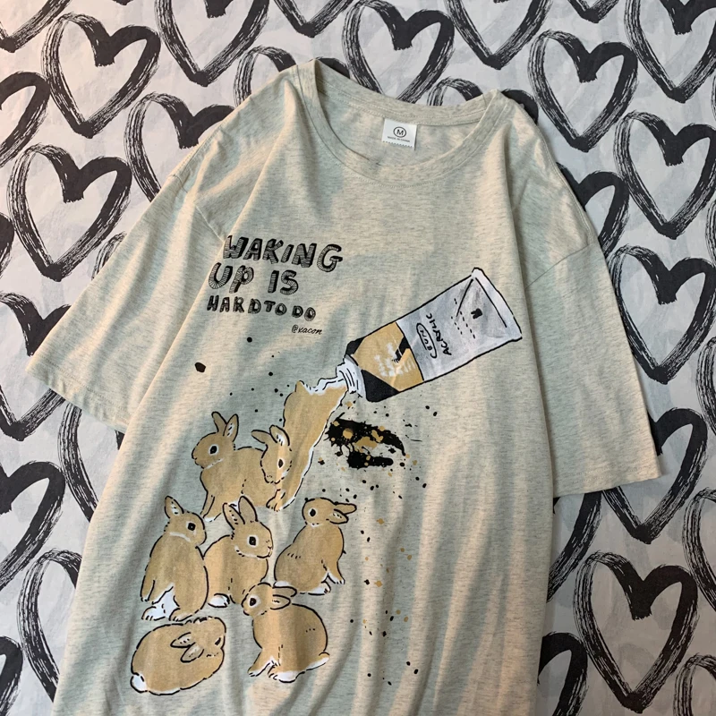 American Retro Rabbit Print Short Sleeved t-shirt For Women Men In Harajuku Lazy Style Pure Cotton Versatile Round Neck Tee