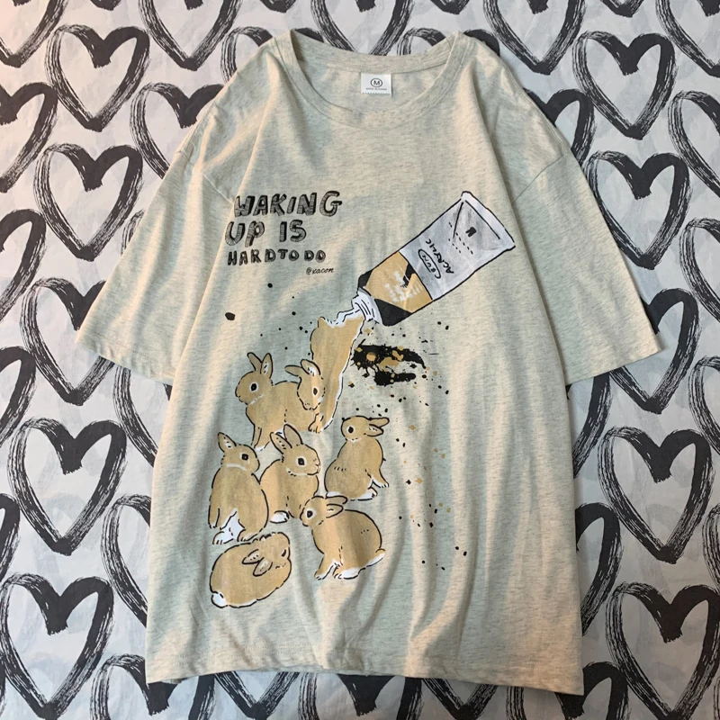 American Retro Rabbit Print Short Sleeved t-shirt For Women Men In Harajuku Lazy Style Pure Cotton Versatile Round Neck Tee