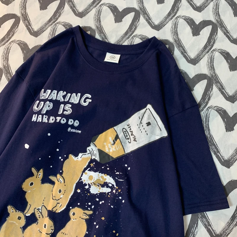 American Retro Rabbit Print Short Sleeved t-shirt For Women Men In Harajuku Lazy Style Pure Cotton Versatile Round Neck Tee