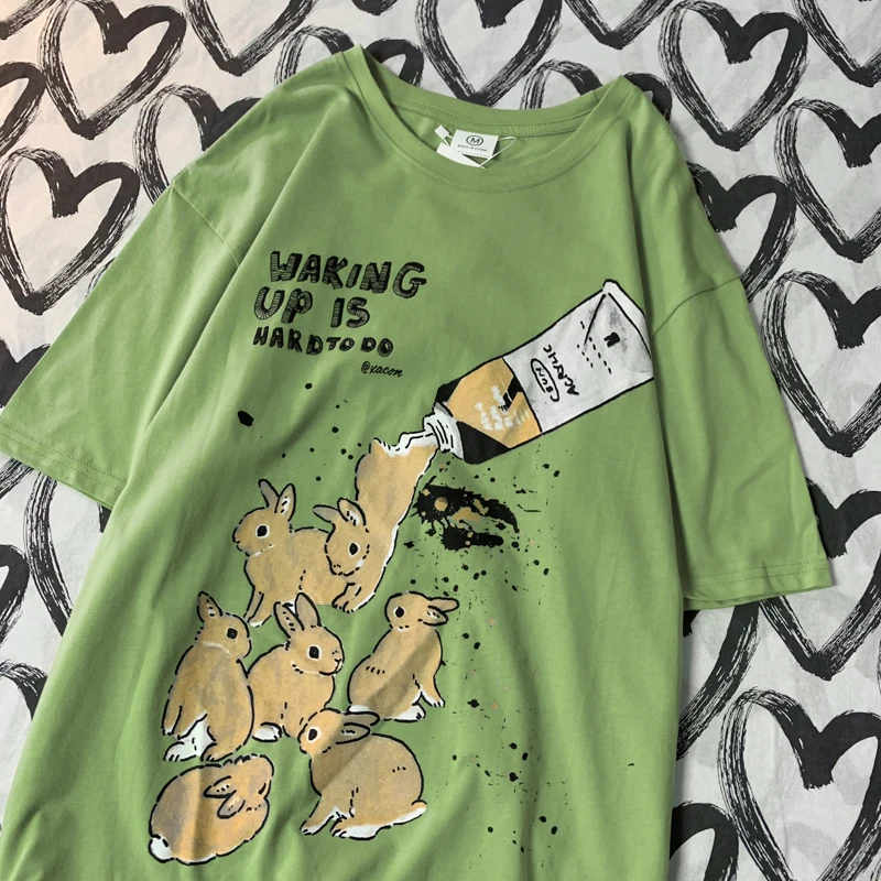 American Retro Rabbit Print Short Sleeved t-shirt For Women Men In Harajuku Lazy Style Pure Cotton Versatile Round Neck Tee