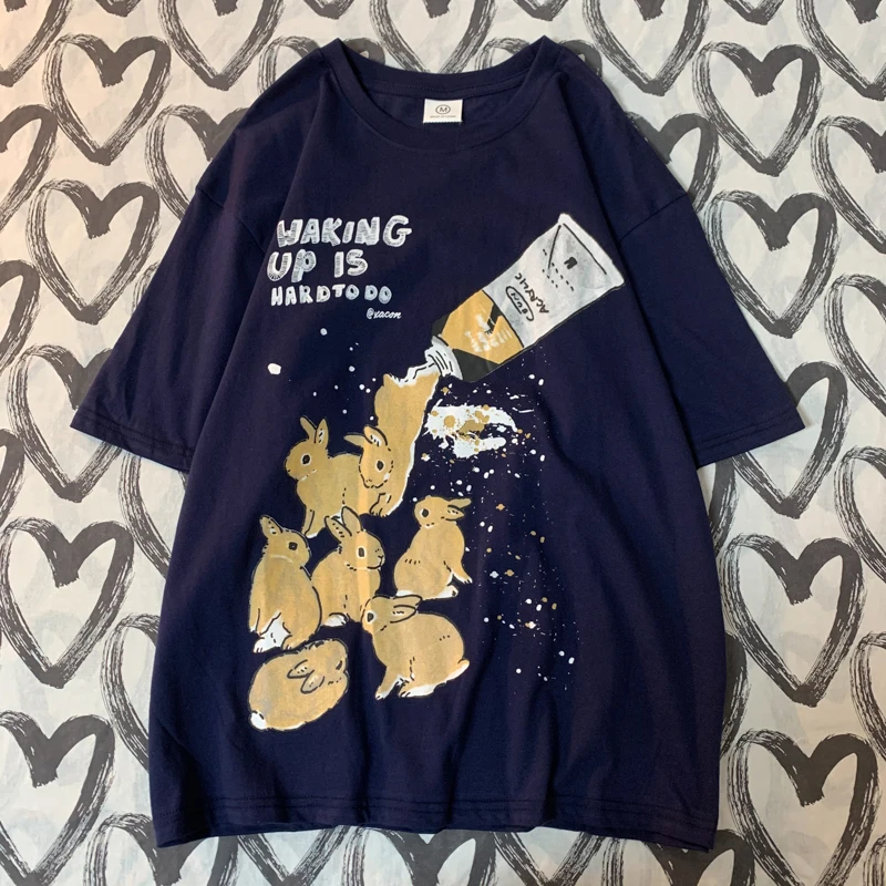American Retro Rabbit Print Short Sleeved t-shirt For Women Men In Harajuku Lazy Style Pure Cotton Versatile Round Neck Tee