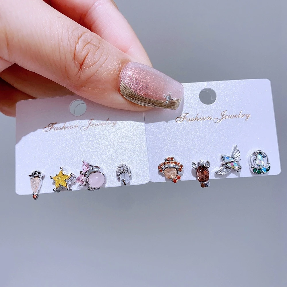 4pcs/set Mix and Match Sweet Cartoon Stud Earrings for Women Girls Multicolor Cubic Zircon Jewelry