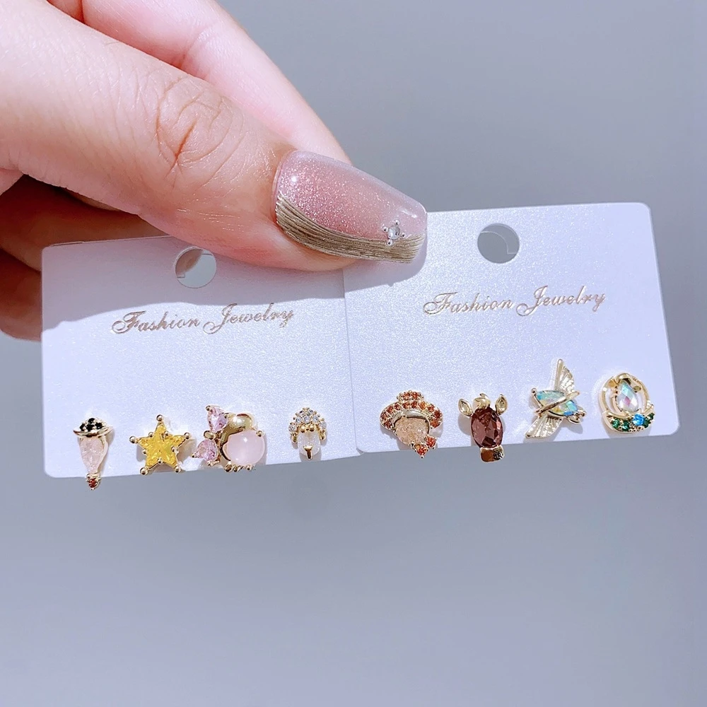 4pcs/set Mix and Match Sweet Cartoon Stud Earrings for Women Girls Multicolor Cubic Zircon Jewelry
