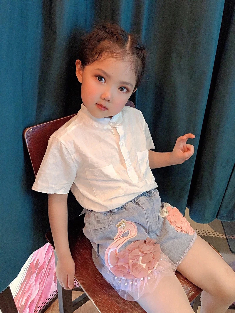 Baby Girl's Summer Cotton Denim Shorts Pants Toddler Kids Cute Swan Flower Soft Jeans for Teenager Girls Children Clothing