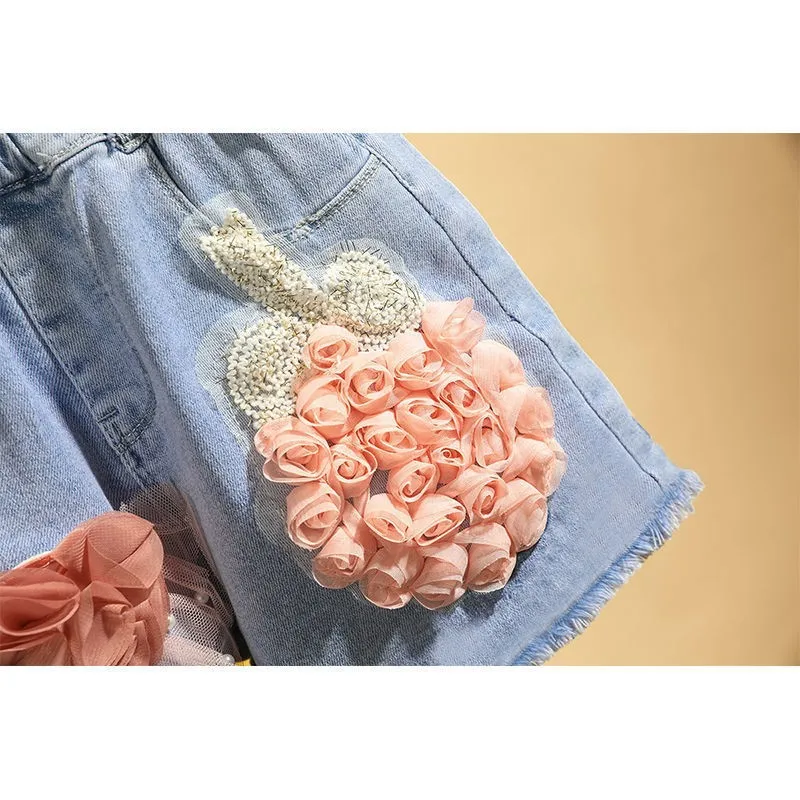 Baby Girl's Summer Cotton Denim Shorts Pants Toddler Kids Cute Swan Flower Soft Jeans for Teenager Girls Children Clothing