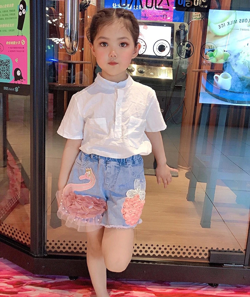 Baby Girl's Summer Cotton Denim Shorts Pants Toddler Kids Cute Swan Flower Soft Jeans for Teenager Girls Children Clothing