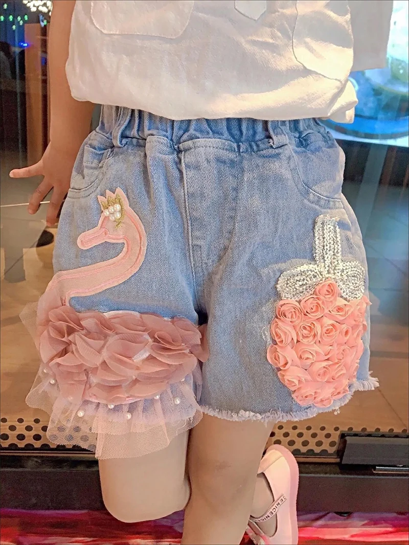 Baby Girl's Summer Cotton Denim Shorts Pants Toddler Kids Cute Swan Flower Soft Jeans for Teenager Girls Children Clothing