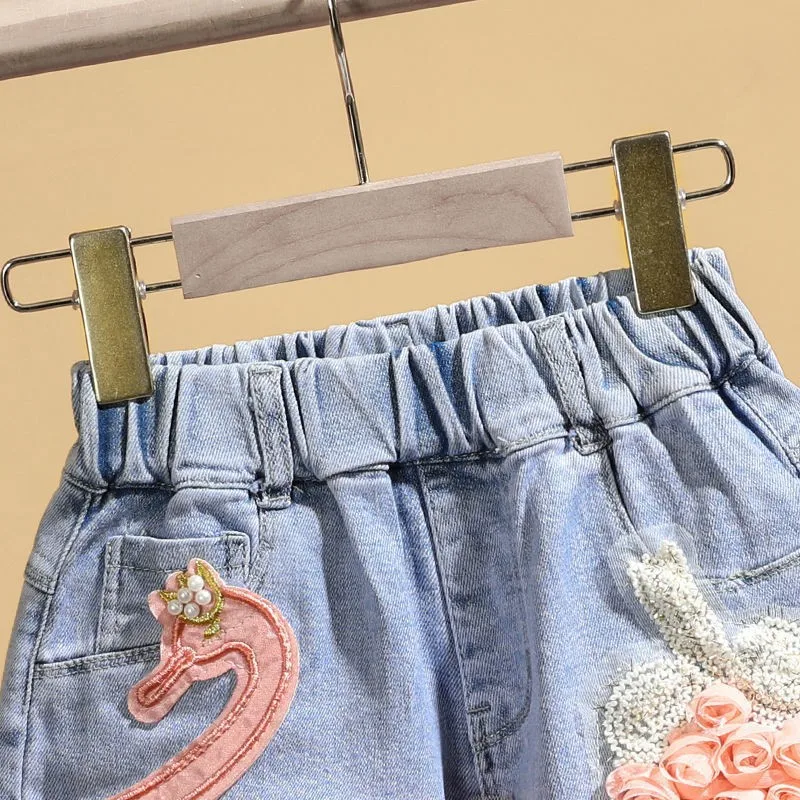 Baby Girl's Summer Cotton Denim Shorts Pants Toddler Kids Cute Swan Flower Soft Jeans for Teenager Girls Children Clothing
