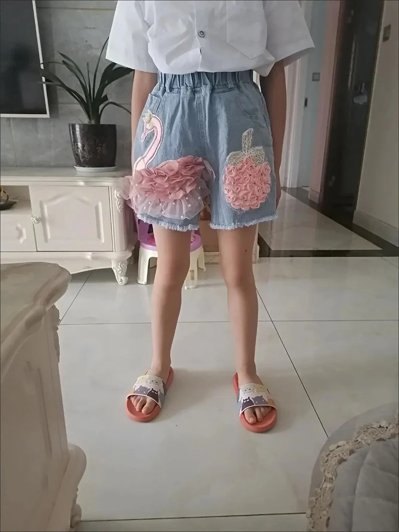 Baby Girl's Summer Cotton Denim Shorts Pants Toddler Kids Cute Swan Flower Soft Jeans for Teenager Girls Children Clothing
