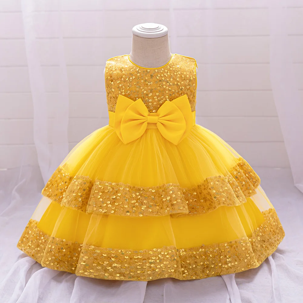 Sequin Bow Baby Girls Party Dresses Toddler 1st Birthday Baptism Dress Lace Wedding Princess Dress for Girls Christmas Prom Gown