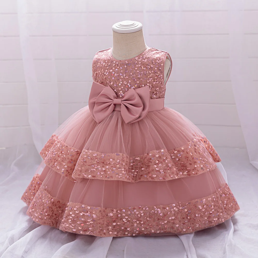 Sequin Bow Baby Girls Party Dresses Toddler 1st Birthday Baptism Dress Lace Wedding Princess Dress for Girls Christmas Prom Gown