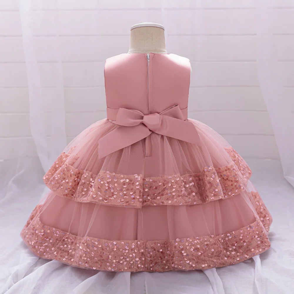Sequin Bow Baby Girls Party Dresses Toddler 1st Birthday Baptism Dress Lace Wedding Princess Dress for Girls Christmas Prom Gown