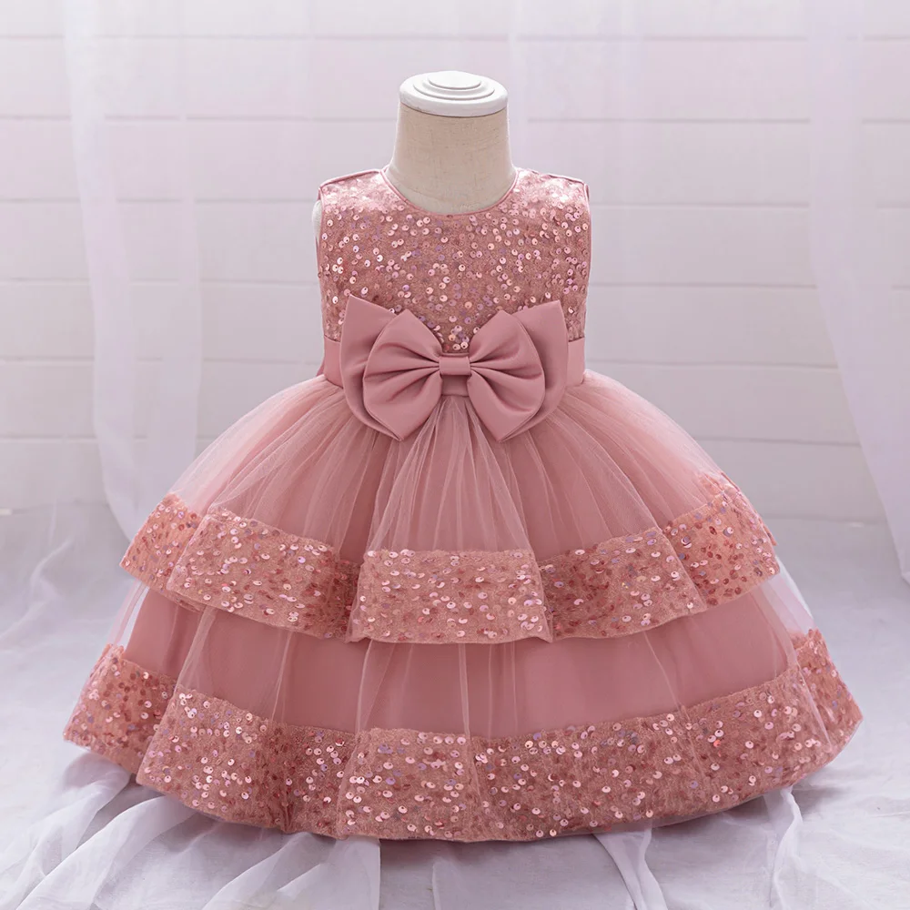 Sequin Bow Baby Girls Party Dresses Toddler 1st Birthday Baptism Dress Lace Wedding Princess Dress for Girls Christmas Prom Gown