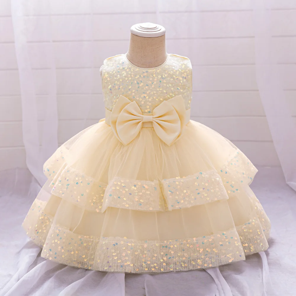 Sequin Bow Baby Girls Party Dresses Toddler 1st Birthday Baptism Dress Lace Wedding Princess Dress for Girls Christmas Prom Gown