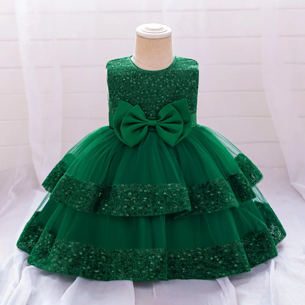 Sequin Bow Baby Girls Party Dresses Toddler 1st Birthday Baptism Dress Lace Wedding Princess Dress for Girls Christmas Prom Gown