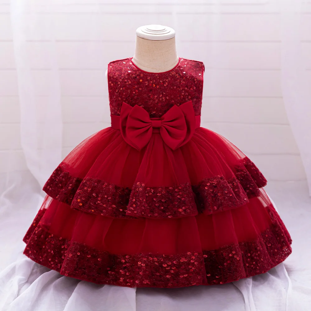 Sequin Bow Baby Girls Party Dresses Toddler 1st Birthday Baptism Dress Lace Wedding Princess Dress for Girls Christmas Prom Gown