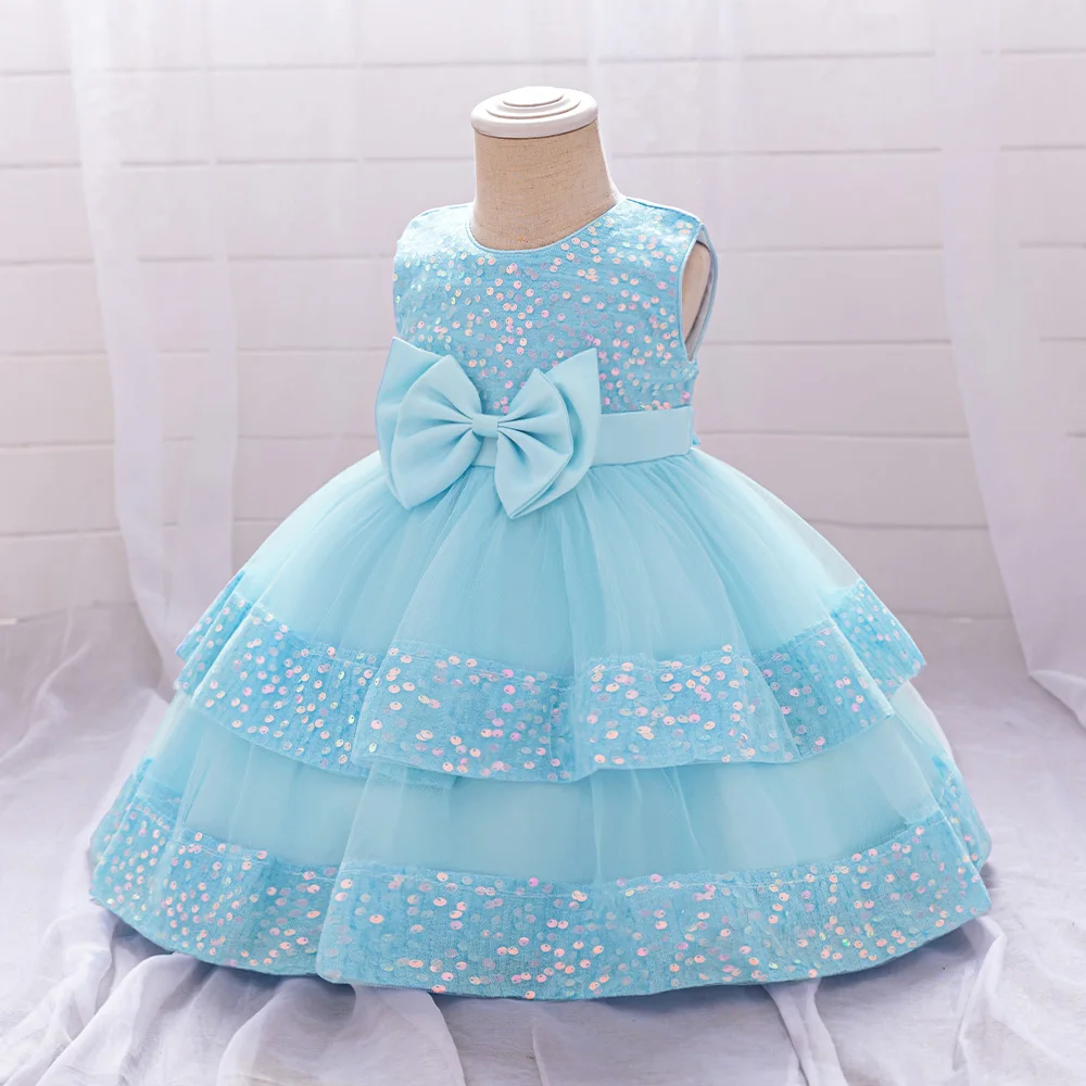 Sequin Bow Baby Girls Party Dresses Toddler 1st Birthday Baptism Dress Lace Wedding Princess Dress for Girls Christmas Prom Gown