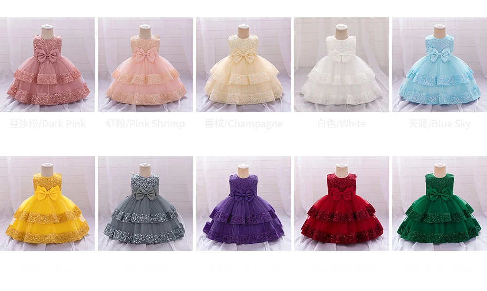 Sequin Bow Baby Girls Party Dresses Toddler 1st Birthday Baptism Dress Lace Wedding Princess Dress for Girls Christmas Prom Gown