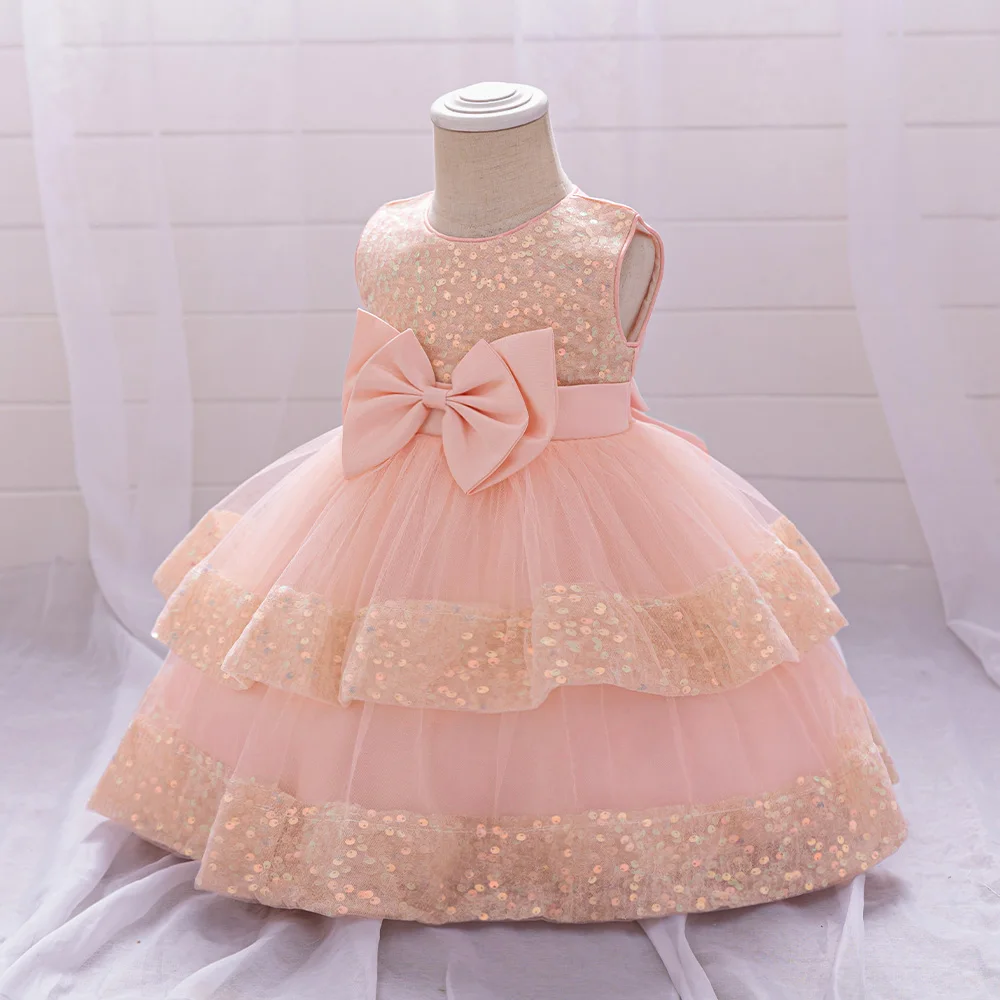 Sequin Bow Baby Girls Party Dresses Toddler 1st Birthday Baptism Dress Lace Wedding Princess Dress for Girls Christmas Prom Gown